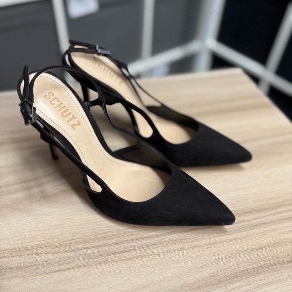 SCHUTZ Black Pointed Slingback Suede Heels - Picture 2 of 10